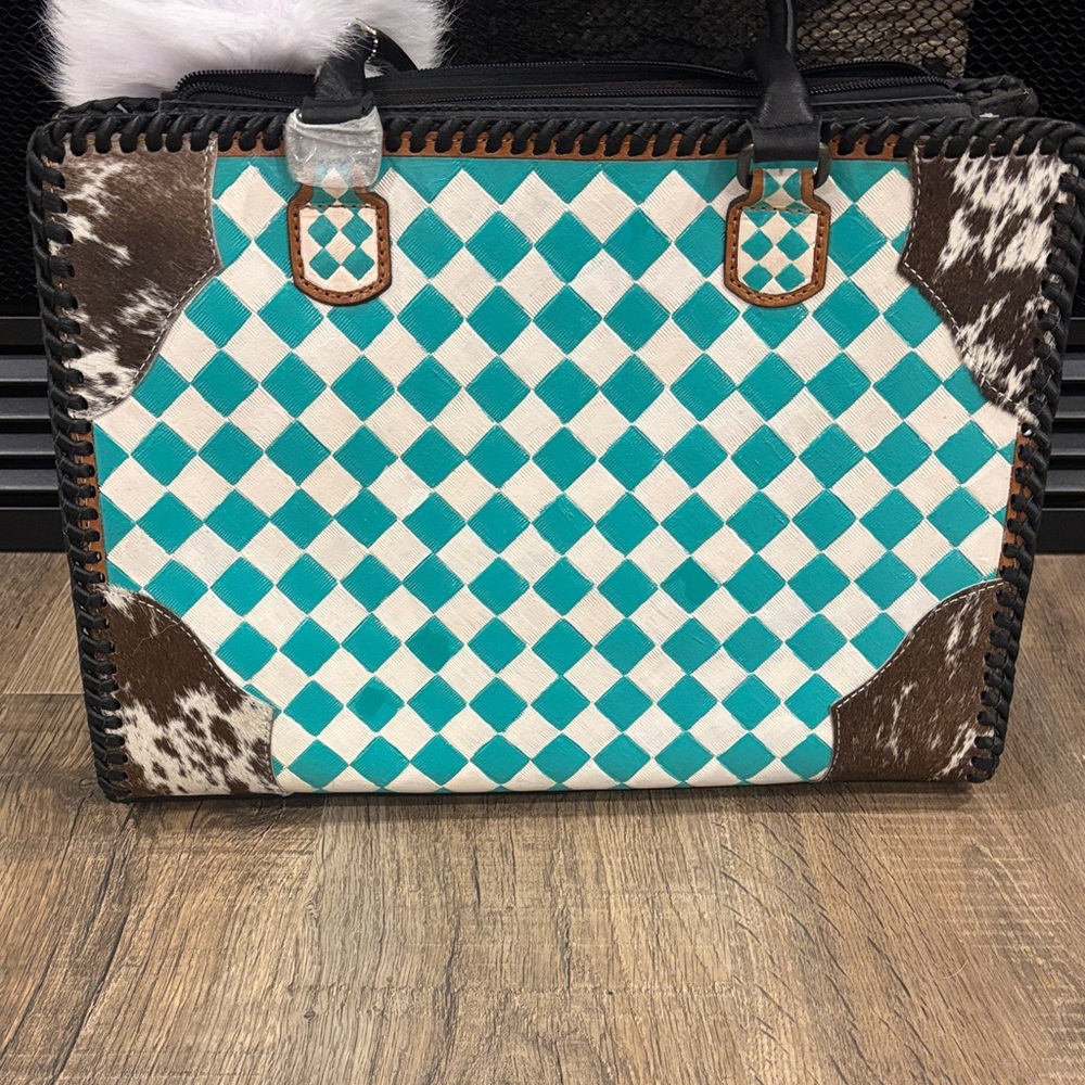 Checkered Turquoise and Brown Handbag